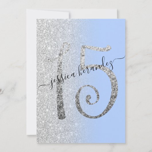 Girly Modern Blue Silver Glitzer Ombre Quinceañera Einladung (Rückseite)