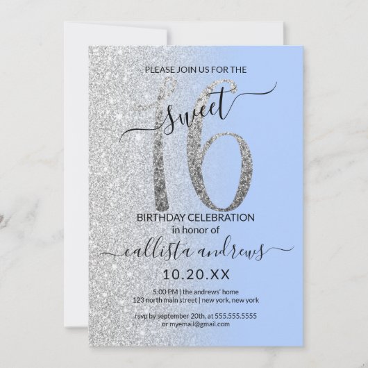 Girly Modern Blue Silver Glitzer Ombre Sweet 16 Einladung (Vorderseite)