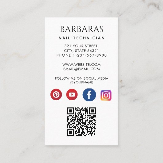 Girly Modern Foto Nail Artist Technician QR Code Visitenkarte (Rückseite)