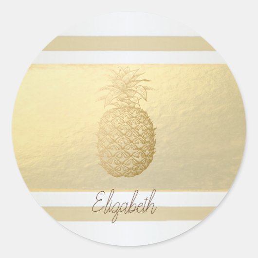 Girly Modern Gold Streifen, Gold Ananas Runder Aufkleber (Vorderseite)