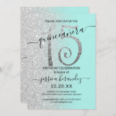 Girly Modern Minze Silver Glitzer Ombre Quinceañer Einladung (Vorne/Hinten)