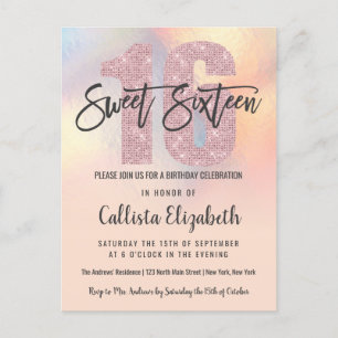 Girly Modern Peach Iridescent Foil Ombre Sweet 16 Einladungspostkarte