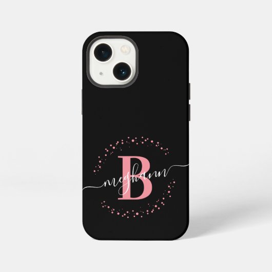 Girly Modern Pink Black Name Script Monogrammed iPhone Hülle (Rückseite)