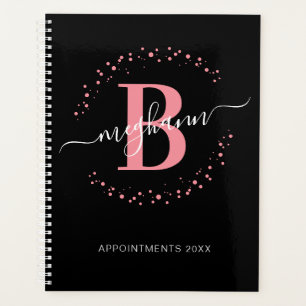 Girly Modern Pink Black Name Script Monogrammed Planer