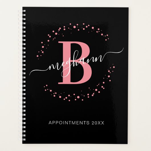 Girly Modern Pink Black Name Script Monogrammed Planer (Vorderseite)