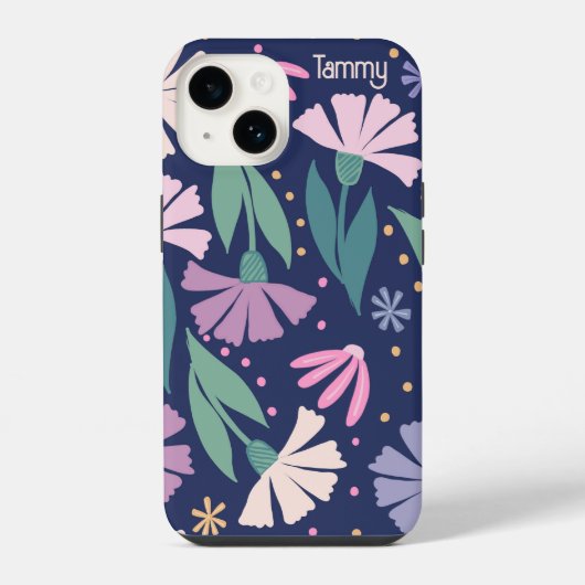 Girly Modern Pink Blume iPhone Case Navy Blau Hülle (Rückseite)
