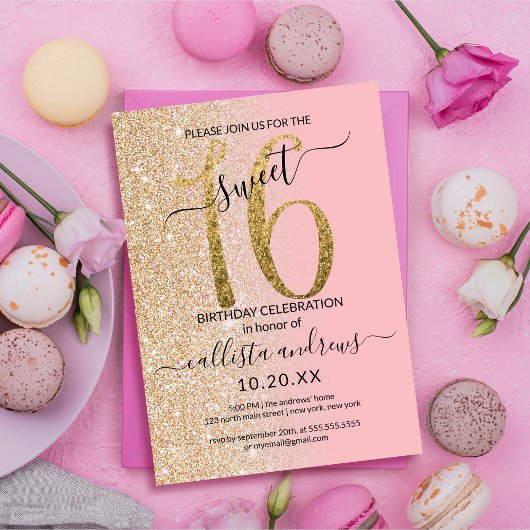 Girly Modern Pink Gold Glitzer Ombre Sweet 16 Einladung