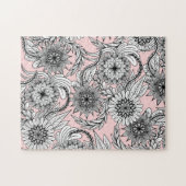 Girly Modern Pink Schwarz-weiße Blumenzeichnungen Puzzle (Horizontal)