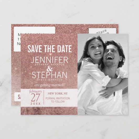 Girly Modern Rose Gold Glitzer Foil Save the Date Ankündigungspostkarte (Vorne/Hinten)