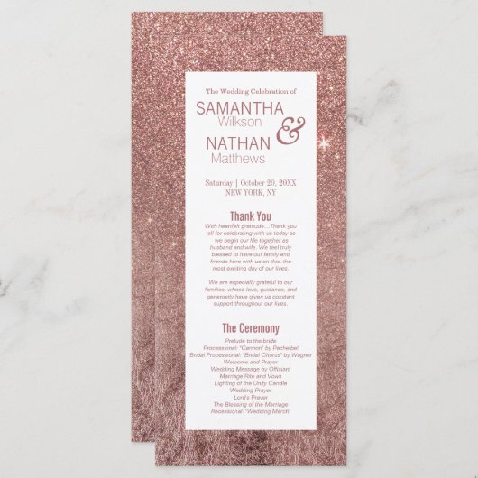 Girly Modern Rose Gold Glitzer Hochzeitsprogramme Programm (Vorne/Hinten)
