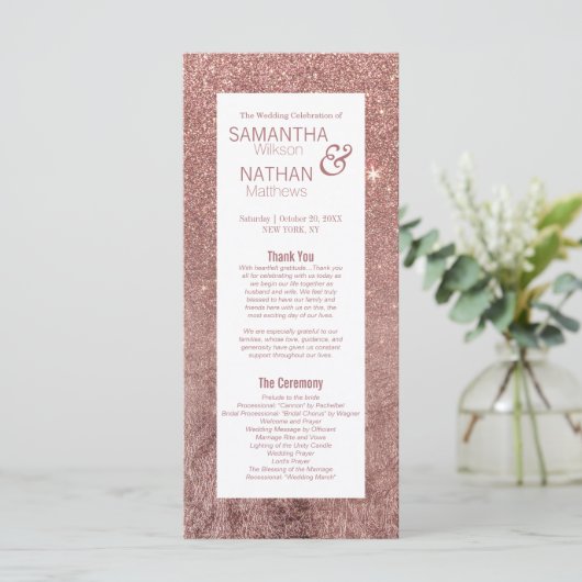 Girly Modern Rose Gold Glitzer Hochzeitsprogramme Programm (Stehend Vorderseite)