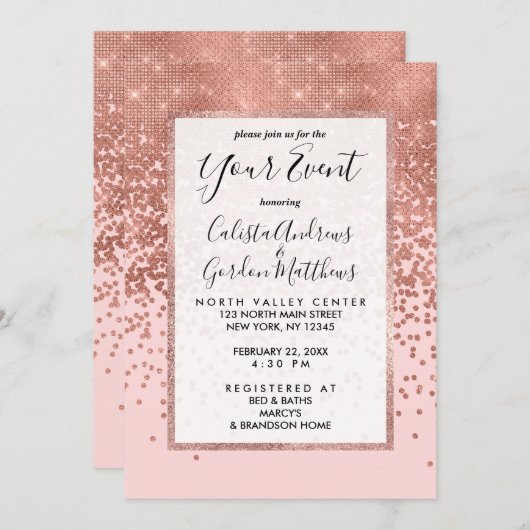 Girly Modern Rose Gold Pink Glitzer Confetti Einladung (Vorne/Hinten)