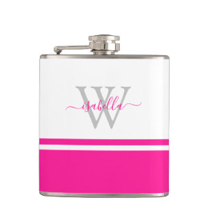 Girly Modern Trendy Monogram Script Hot Pink Flask Flachmann