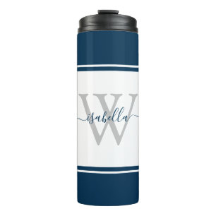 Girly Modern Trendy Monogram Script Navy Thermosbecher