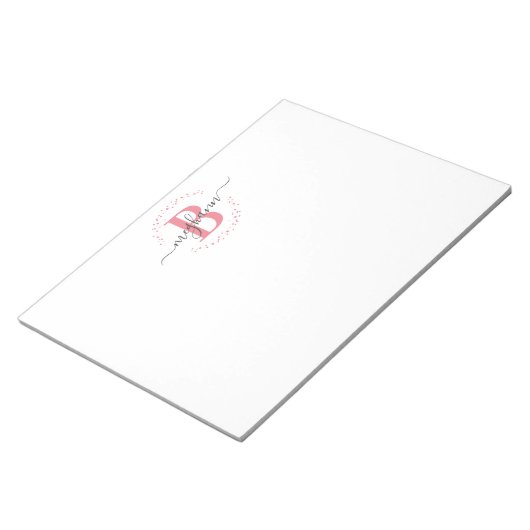 Girly Modern White Pink Name Script Mit Monogramm Notizblock (angewinkelt)