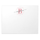 Girly Modern White Pink Name Script Mit Monogramm Notizblock (Vorderseite)
