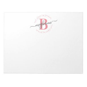 Girly Modern White Pink Name Script Mit Monogramm Notizblock