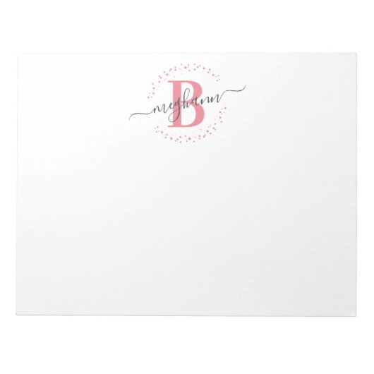 Girly Modern White Pink Name Script Mit Monogramm Notizblock (Vorderseite)