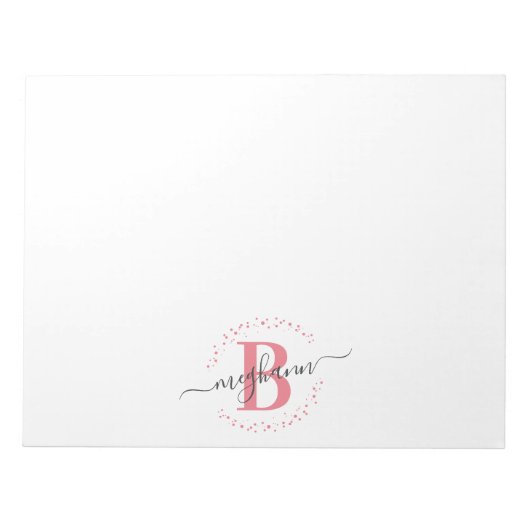 Girly Modern White Pink Name Script Mit Monogramm Notizblock (Vorderseite)