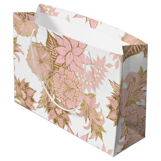 Girly moderne erröten das rosa weiße Blumen Gold Große Geschenktüte (Rückseite Schrägansicht)