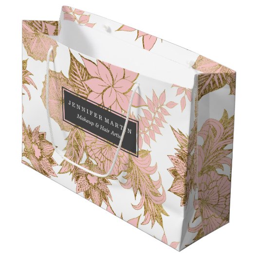 Girly moderne erröten das rosa weiße Blumen Gold Große Geschenktüte (Vorderseite Schrägansicht)