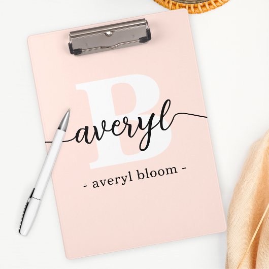 Girly Monogram Calligrafy Initial Name Blush Pink Klemmbrett