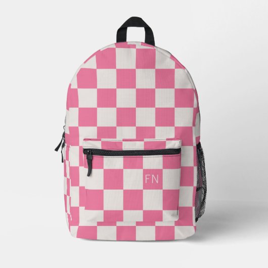 Girly Monogram Initial & Bright Pink Checkerboard Bedruckter Rucksack (Vorderseite)
