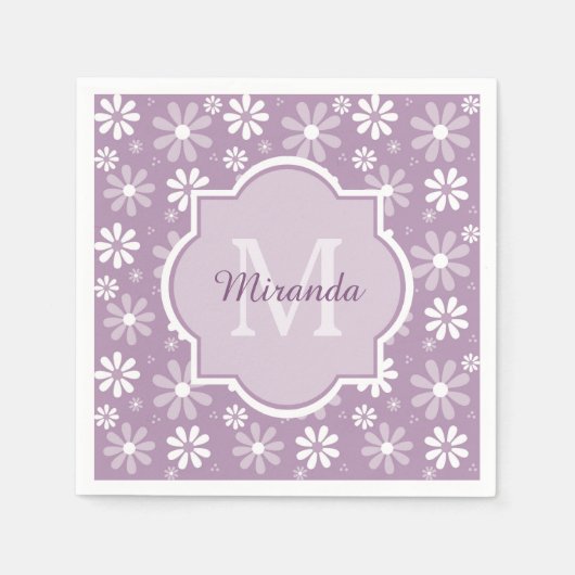 Girly Monogram Light Lila Daisy Blume und Name Serviette (Vorderseite)