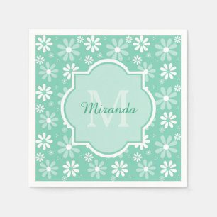 Girly Monogram Minze White Daisy Blume mit Name Serviette
