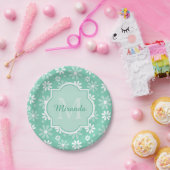 Girly Monogram Minze White Daisy Blume mit Namen Pappteller (Party)