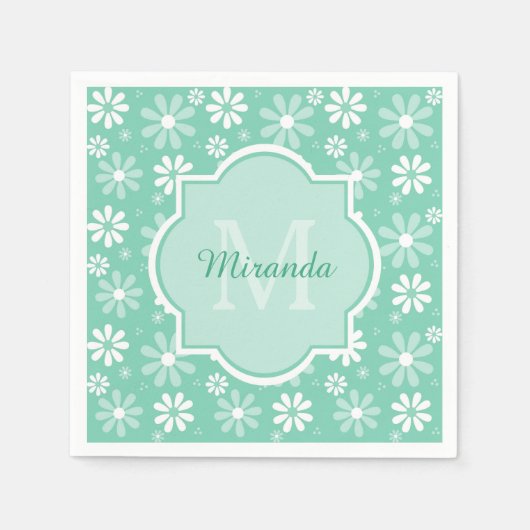 Girly Monogram Minze White Daisy Blume mit Namen Serviette (Vorderseite)
