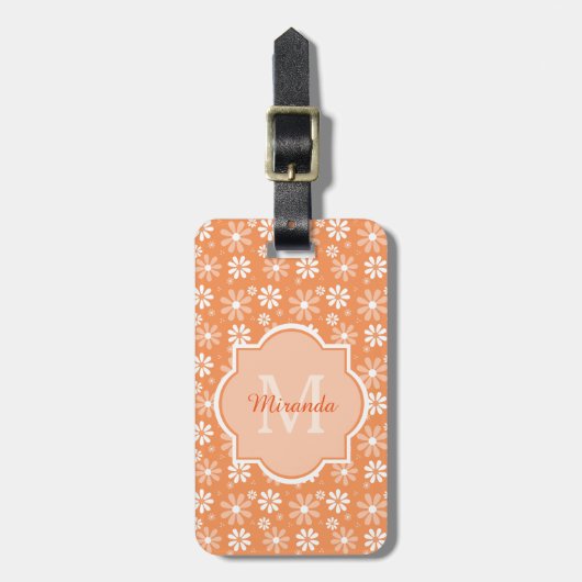 Girly Monogram Niedlich Orange Daisy Blume und Nam Gepäckanhänger (Vorderseite vertikal)