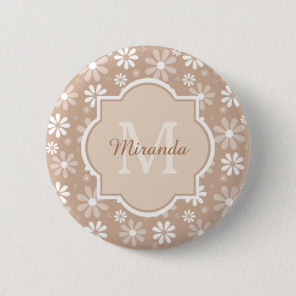 Girly Monogram Niedlich Tan Daisy Blume und Name Button