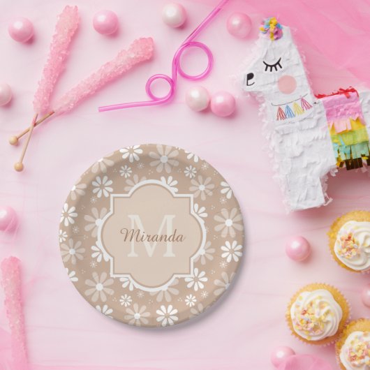Girly Monogram Niedlich Tan Daisy Blume und Name Pappteller (Party)