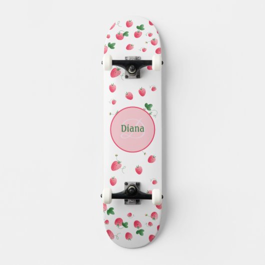 Girly Monogram niedliche Erdbeeren mit Namen Skateboard (Vorderseite)
