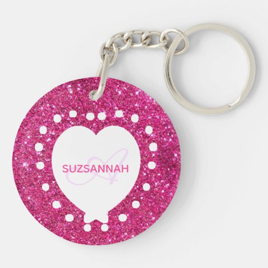 Girly Monogram Pink Glitzer White Heart Template Schlüsselanhänger (Rückseite)