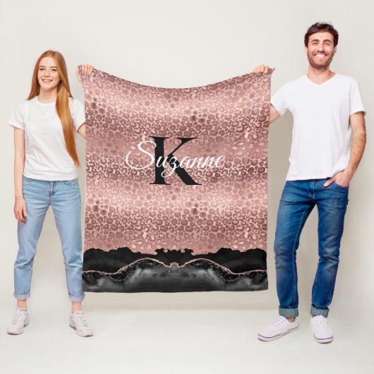 Girly Monogram Rose Gold Leopard und Black Marmor Fleecedecke (Beispiel)