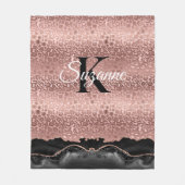 Girly Monogram Rose Gold Leopard und Black Marmor Fleecedecke (Vorderseite)