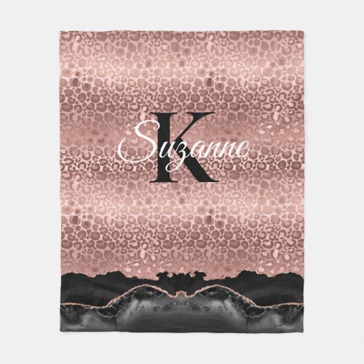 Girly Monogram Rose Gold Leopard und Black Marmor Fleecedecke (Vorderseite)
