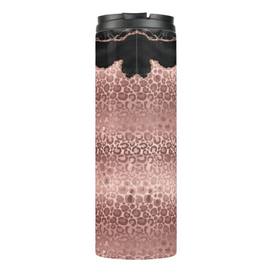 Girly Monogram Rose Gold Leopard und Black Marmor Thermosbecher (Rückseite)