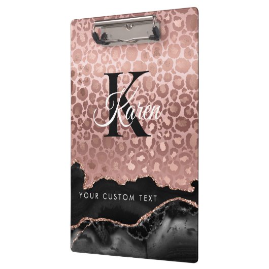 Girly Monogram Rose Gold Leopard und Schwarzer Mar Klemmbrett (Links)