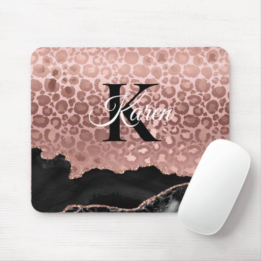 Girly Monogram Rose Gold Leopard und Schwarzer Mar Mousepad (Mit Mouse)