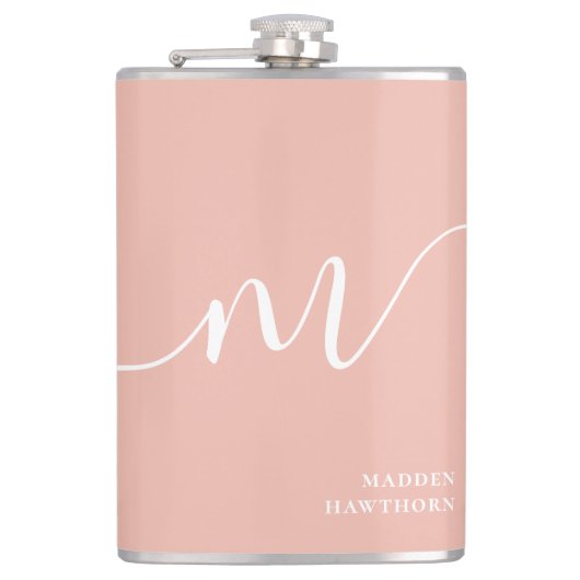 Girly Monogram Script Calligraphy Coral Blush Pink Flachmann (Vorderseite)