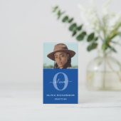 Girly Monogram Script Name Blue White Job Vertikal Visitenkarte (Stehend Vorderseite)