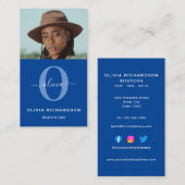 Girly Monogram Script Name Blue White Job Vertikal Visitenkarte (Vorne/Hinten)