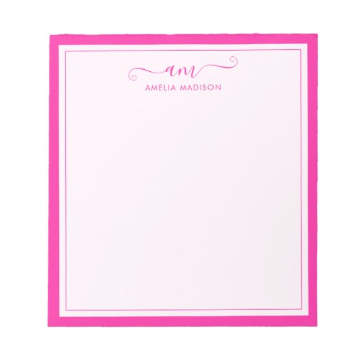 Girly Monogram Script Vibrant Pink Notizblock (Vorderseite)