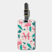 Girly Monogram Tropical Blätter Hot Pink Flamingo Gepäckanhänger (Vorderseite vertikal)