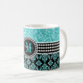 Girly Monogramm-Aqua-blauer Glitzer-Damast-Name Kaffeetasse (VorderseiteRechts)