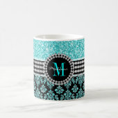 Girly Monogramm-Aqua-blauer Glitzer-Damast-Name Kaffeetasse (Mittel)