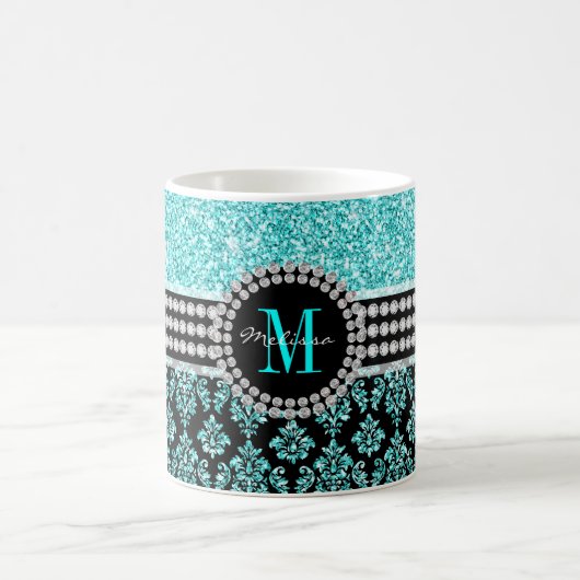 Girly Monogramm-Aqua-blauer Glitzer-Damast-Name Kaffeetasse (Mittel)